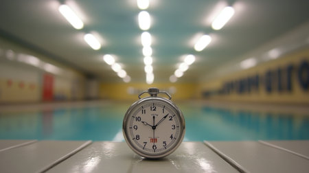 A vintage stopwatch positioned on a ledge beside a swimming pool, showcasing a serene indoor environment with bright lights and an inviting atmosphere for fitness activities.の素材