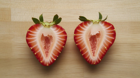 This image showcases two freshly cut halves of a ripe red strawberry with green leaves, set against a light wooden background, highlighting its vibrant colors and textures.の素材
