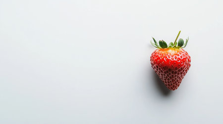 A vibrant red strawberry with fresh green leaves rests on a simple white background, symbolizing health and freshness, ideal for food-related projects and recipes.の素材