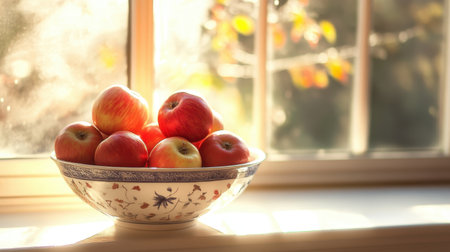 A beautiful arrangement of fresh red apples in a decorative bowl placed on a sunny windowsill creates a warm and inviting atmosphere perfect for showcasing healthy snacks.の素材