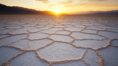 A breathtaking view of a sunrise illuminating cracked salt flats in a vast arid landscape. The vibrant sky blends colors beautifully, showcasing nature's peacefulness and charm.の素材