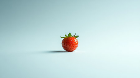 A stunning image of a fresh strawberry placed against a light blue background, showcasing its vibrant red color and unique texture, ideal for culinary applications.の素材