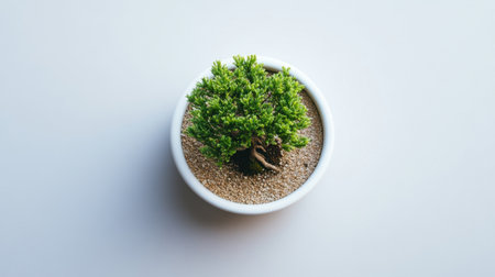 A beautifully arranged bonsai tree in a minimalistic white pot filled with sand, perfect for inspiring tranquility and enhancing indoor spaces with a touch of nature.の素材