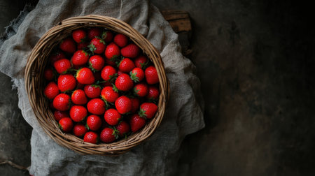 A beautifully arranged basket filled with ripe strawberries sits against a rustic backdrop, showcasing the vibrancy of fresh produce and inviting a sweet culinary experience.の素材