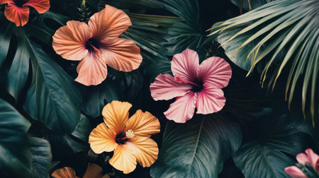 This image showcases beautiful hibiscus flowers in bright orange and pink hues against striking green foliage, creating a dynamic and lively tropical scene ideal for design.の素材