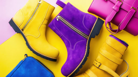 This vibrant image showcases a collection of yellow and purple boots paired with colorful accessories against a bright backdrop, ideal for fashion enthusiasts.の素材