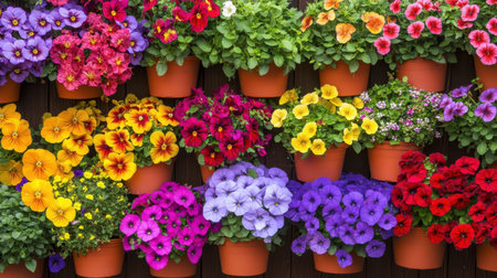 A stunning display of vibrant flowers in pots creates a colorful wall arrangement. This seasonal garden aesthetic showcases the beauty of blooming pansies and petunias.の素材