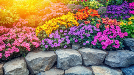 A mesmerizing flower garden filled with vibrant colors showcases blooming petals surrounded by natural stone, capturing the serene beauty of nature at sunset.の素材