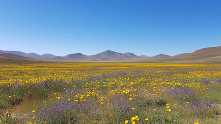 A stunning view of a vast valley covered with vibrant wildflowers in bright yellow and purple hues. The clear blue sky and mountains create a serene backdrop.の素材