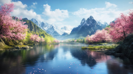 A breathtaking view of a tranquil lake surrounded by pink cherry blossoms and majestic mountains under a clear blue sky, evoking peace and natural beauty.の素材