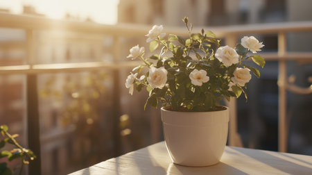 A serene scene of elegant white flowers in a bright sunlit balcony, creating a cozy ambiance that captures the beauty of nature in an urban space.の素材