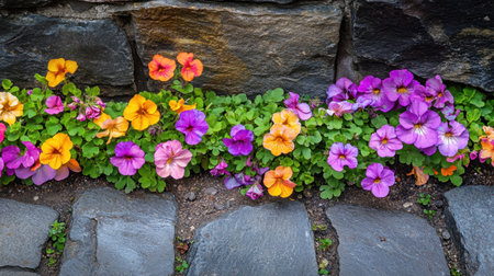 A stunning display of vibrant pansy flowers in shades of purple, orange, and yellow growing by a stone wall, showcasing nature's beauty and delicate blooms.の素材