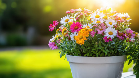 A beautiful pot filled with colorful flowers radiates joy and life in a sunny garden. This scene captures the essence of nature's vibrant beauty and warmth.の素材