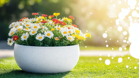A beautiful flower pot filled with colorful daisies and carnations, set in a lush green garden. This image captures the essence of spring, enhanced by soft sunlight.の素材