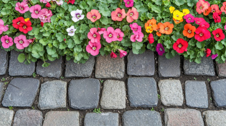 A stunning display of vibrant pansy flowers borders a rustic stone pathway, creating a serene garden atmosphere that invites relaxation and appreciation of nature's beauty.の素材