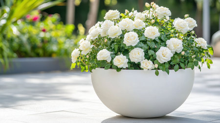 A stunning display of white roses flourishing in a round white planter under gentle sunlight, enhancing the charm of a tranquil outdoor garden space adorned with greenery.の素材