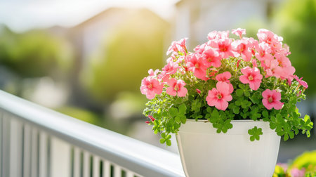A vibrant arrangement of pink flowers in a white pot, situated on a balcony, illuminated by soft sunlight, creates a serene atmosphere perfect for nature lovers.の素材
