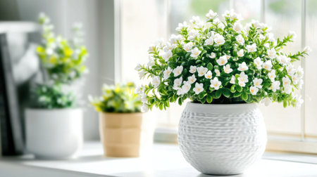 This stunning image showcases beautiful indoor plants arranged in stylish pots, featuring bright white flowers and lush greens that create a warm, inviting home environment.の素材