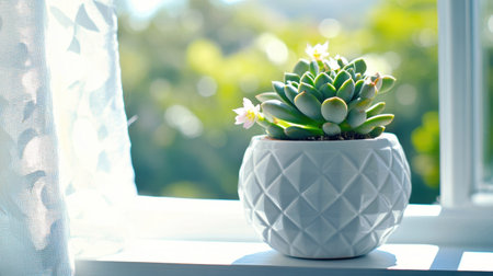 A vibrant green succulent plant sits in an elegant white pot on a windowsill, capturing sunlight and adding a touch of nature and tranquility to the indoor environment.の素材