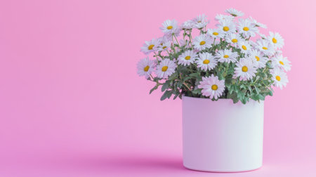 A charming arrangement of white daisies in a sleek white pot set against a soft pink backdrop, perfect for adding a fresh touch to any home or garden decor.の素材