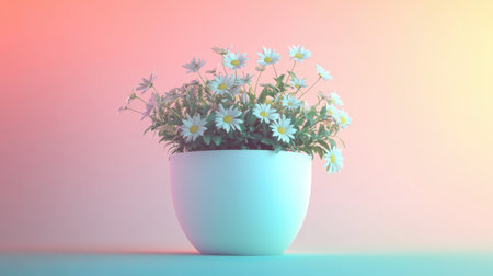 A stunning arrangement of white daisies in a smooth round pot against a soft gradient background. This image captures freshness, beauty, and tranquility perfect for home decor.の素材