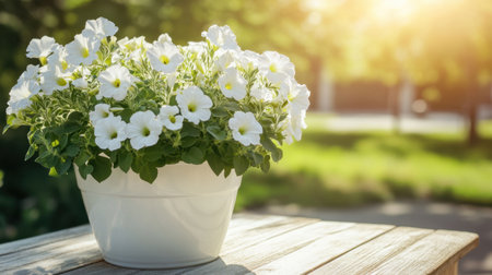 A stunning display of white petunia flowers in a bright pot, basking in golden sunlight on a rustic wooden table, creating a serene garden vibe.の素材