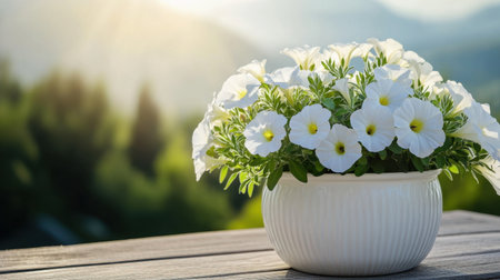 A stunning arrangement of white petunia flowers in a chic ceramic pot, illuminated by gentle sunlight, perfect for enhancing a peaceful garden or home decor setting.の素材