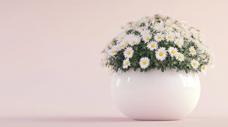A stunning arrangement of white daisies in a glossy round pot, set against a soft pink background, perfect for enhancing home decor with a touch of nature's beauty.の素材