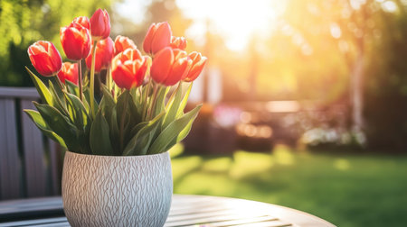 A beautiful arrangement of vibrant red tulips in a decorative pot on a table, illuminated by soft golden sunlight in a serene garden setting. Perfect for nature lovers.の素材