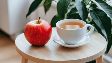 A vibrant red apple sits beside a steaming white tea cup on a wooden stool, surrounded by green leaves, creating a serene and inviting indoor atmosphere perfect for relaxation.の素材