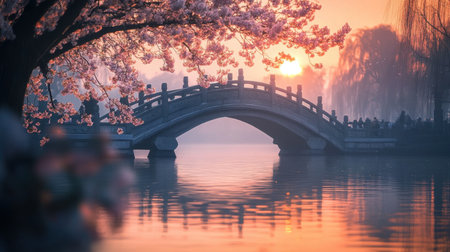 A tranquil scene showcasing a cherry blossom tree arching over a traditional stone bridge at sunset, creating a serene reflection on the lake's surface.の素材