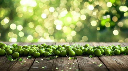 A stunning arrangement of fresh green apples displayed on a rustic wooden table, set against a softly blurred natural background with vibrant bokeh lights.の素材