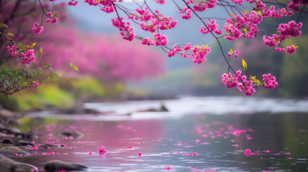 Experience the tranquil beauty of a riverbank adorned with vibrant pink blossoms, capturing the essence of spring in a peaceful and picturesque natural setting.の素材
