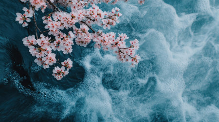 A stunning view of delicate cherry blossoms branches above serene blue water, enhancing the beauty of nature with gentle white foam creating a tranquil atmosphere.の素材
