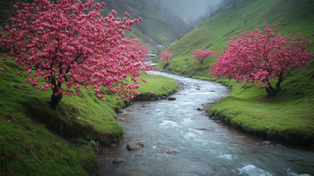 Experience a tranquil scene of pink cherry blossom trees along a gentle stream in a lush green valley, enveloped by misty mountains, embodying serene natural beauty.の素材
