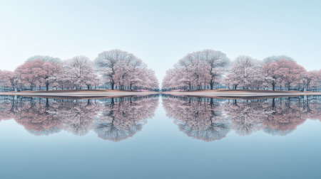 Beautiful cherry blossom trees line the water's edge, creating a stunning reflection in the calm surface beneath a clear blue sky, evoking tranquility and peace.の素材