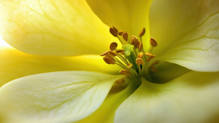 This image captures the enchanting details of a yellow flower, showcasing soft petals and intricate stamen. The soft lighting enhances the floral beauty and delicate textures.の素材
