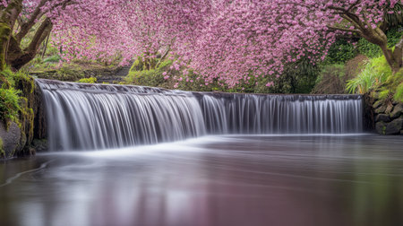 Experience the tranquility of a serene waterfall surrounded by blooming cherry blossom trees, reflecting in calm waters. A perfect scene of natural beauty and harmony.の素材