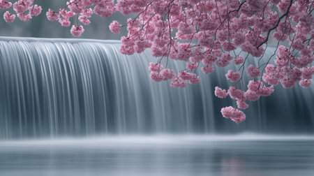 A serene image depicting delicate pink cherry blossoms hanging over a gentle waterfall, creating a tranquil and picturesque landscape that invites relaxation.の素材