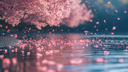Delve into the beauty of cherry blossom petals dancing on the water's surface, creating a serene and peaceful scene that captures the essence of nature in bloom.の素材