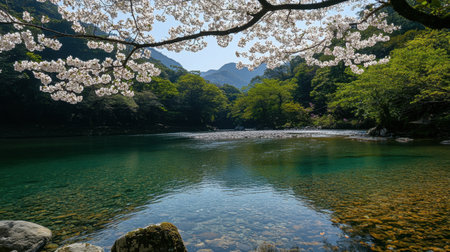A tranquil view featuring cherry blossom branches over a clear river with soft ripples, surrounded by majestic mountains and lush greenery, embodying springtime beauty.の素材