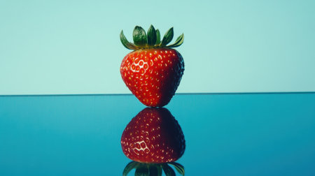This striking image features a fresh red strawberry showcasing its vibrant color and green leaves, beautifully reflected on a smooth surface against a light blue background.の素材