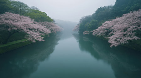 A tranquil view of a river reflecting the soft pink blossoms of cherry trees on either side, surrounded by lush greenery and a light mist, creating a serene atmosphere.の素材