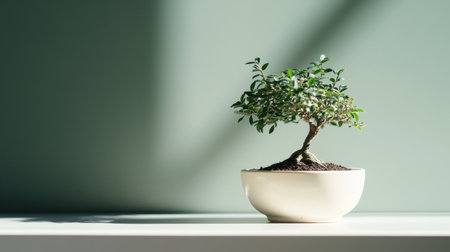 A serene small bonsai tree in a minimalist white pot rests on a clean table against a soft green wall, embodying tranquility and harmony, ideal for home decor.の素材