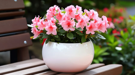 A stunning display of pink azalea flowers in a sleek white pot, resting on a wooden bench, enhances the natural beauty of a serene garden setting. Perfect for decor.の素材