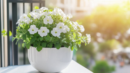 A stunning arrangement of white petunia flowers in a sleek modern pot sits on a sunny balcony, enhancing the tranquil outdoor atmosphere with soft light and greenery.の素材