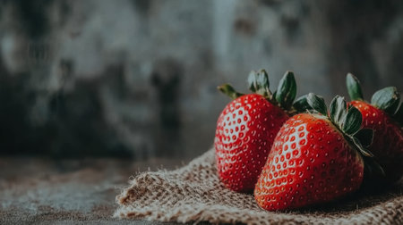Three fresh red strawberries sit elegantly on a burlap cloth, showcasing their vibrant color and natural beauty. Ideal for food photography and culinary art.の素材