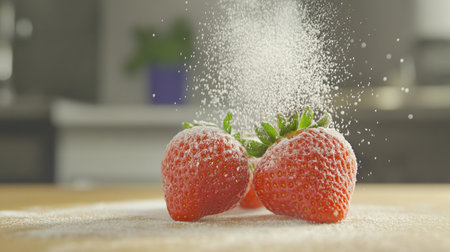 A vibrant image of fresh strawberries covered in powdered sugar, placed attractively on a wooden table in a bright kitchen, highlighting the beauty of culinary preparation.の素材