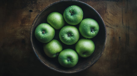 A stunning arrangement of fresh green apples in a rustic wooden bowl, showcasing water droplets that emphasize their freshness, perfect for healthy living concepts.の素材