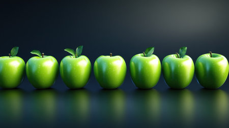 A visually appealing arrangement of fresh green apples lined up, showcasing their glossy texture and vibrant color against a dark background, ideal for healthy lifestyle themes.の素材